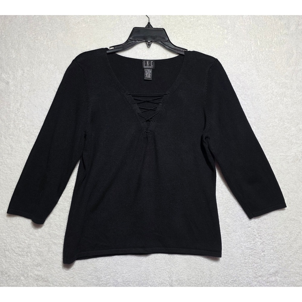 INC International Concepts Black Lace Up V-Neck 3/4 Sleeve Knit Top Large